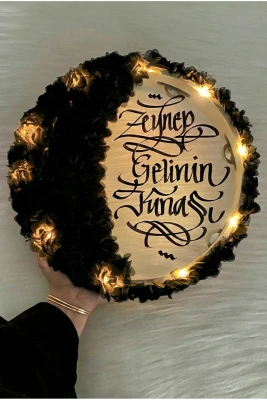 Siyah Ledli Şeffaf Gelin Tefi 32cm, 3d Çiçek Süslemeli, Düğün Sünnet Kına Nedime Bride Parti Defi