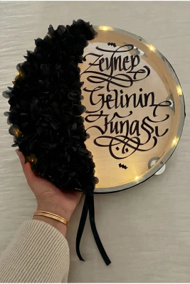 Siyah Ledli Şeffaf Gelin Tefi 32cm, 3d Çiçek Süslemeli, Düğün Sünnet Kına Nedime Bride Parti Defi