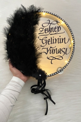 Siyah Ledli Şeffaf Gelin Tefi 32cm Tüylü 3d Çiçek Saten Kurdele Düğün Kına Nedime Bride Parti Defi