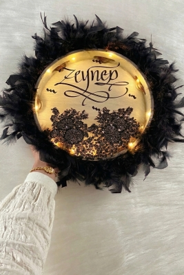 Siyah Ledli Şeffaf Kaligrafi Gelin Tefi 30cm Vip Güpürlü Ve Tüylü Düğün Kına Nedime Bride Parti