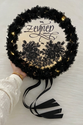Siyah Ledli Şeffaf Kaligrafi Gelin Tefi 32cm Vip Güpürlü Ve 3d Çiçek Düğün Kına Nedime Bride Parti