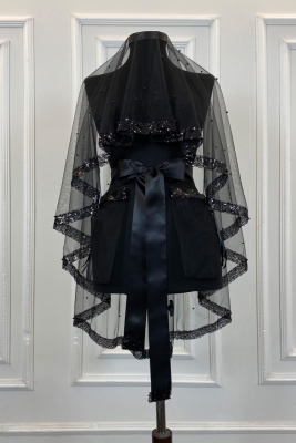 Siyah Pul Payet ve İncili Gelin Duvak Seti, Kına Gecesi Duvağı Alı Örtüsü 6 Parça