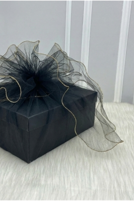 Siyah Süsleme Tülü, Gold Kenar Bohça Çeyiz Gelin Damat Söz Nişan Nikah Valiz Hediye Süsü 150x150cm