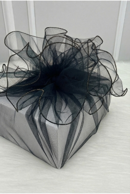 Siyah Süsleme Tülü Gold Kenarlı, Bohça Çeyiz Gelin Damat Nişan Nikah Valiz Hediye Süsü 100x100cm