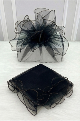 Siyah Süsleme Tülü Gold Kenarlı, Bohça Çeyiz Gelin Damat Söz Nişan Nikah Valiz Hediye Süsü 100x100cm