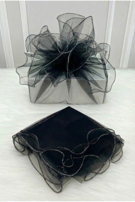 Siyah Süsleme Tülü Gümüş Kenar, Bohça Çeyiz Gelin Damat Söz Nişan Nikah Valiz Hediye Süsü 100x100cm