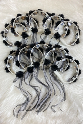 Siyah Süslü Gelin Nedime Kına Gecesi Tefi, Üç Boyut Lazer Çiçek ve Kurdele Detaylı Tef 10 Adet