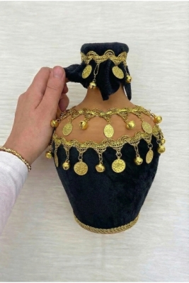 Siyah Testi, Kadife Gold Zilli Ve Pullu Süslü Gelin Kına Gecesi Testisi, Düğün Küpü, Toprak Testi
