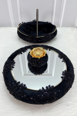 Siyah Vip Aplikli Aynalı Kadife Kına Gecesi Tepsi Sepet Gelin Takımı, Nişan Nikah Düğün Söz Sünnet