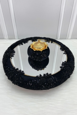 Siyah Vip Aplikli Aynalı Kadife Kına Gecesi Tepsisi Gelin, Nişan Nikah Düğün Söz Sünnet