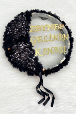 Siyah Vip Aplikli Ve 3D Lazer Çiçek Süslemeli Pleksi Ledli Şeffaf Gelin Tefi 32cm, Düğün Kına Gecesi Nişan Söz Nedime Gelin Damat Bride Parti Sünnet T