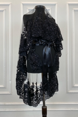 Siyah Vip Deluxe Gelin Duvak Seti, Kına Duvağı 6 Parça Tam Set