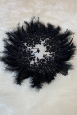 Siyah Vip Deluxe Gelin Mendili, Boncuk İnci Pul Detaylı Lüks Aplikli