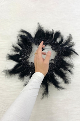 Siyah Vip Gelin Mendili, Boncuk İnci Pul Tüy Detaylı Lüks Aplikli Damat Düğün Kına Sünnet Nişan