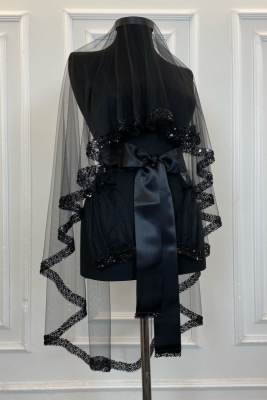 Siyah Zarif Gelin Duvak Seti , Su Taşlı Kına Duvağı Seti 6 Parça, Pul Payet Duvak