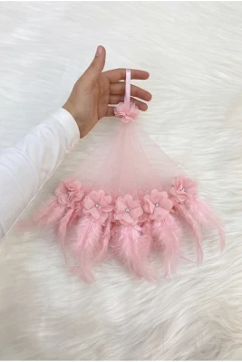 Soft Pembe Gelin Damat Halay Mendili, Üç Boyutlu Çiçek Ve Tüy Süslemeli, Düğün Kına Nişan Sünnet Bride