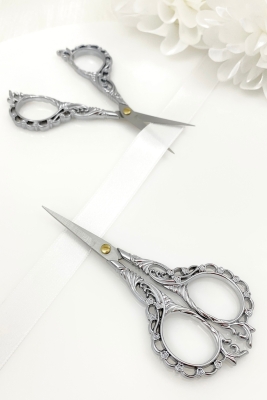 Söz Nişan Makası Gümüş, Kurdele Açılış Özel Gün Merasim Dikiş Nakış Makas Çiçek Detaylı Silver