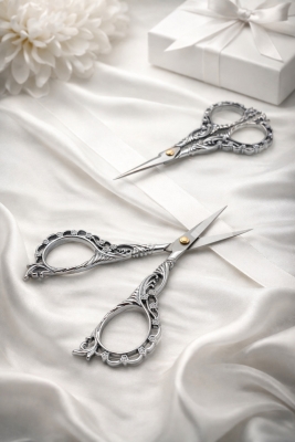 Söz Nişan Makası Gümüş, Kurdele Açılış Özel Gün Merasim Dikiş Nakış Makas Çiçek Detaylı Silver