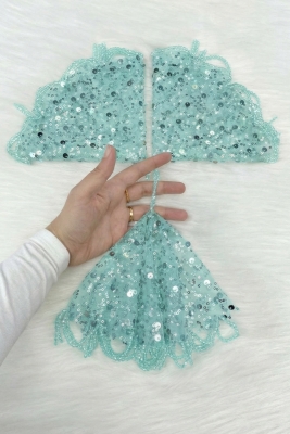 Su Yeşili Gelin Damat Mendili Pul Payet İnci Kristal Taş Detaylı Düğün Kına Sünnet Söz Nişan Halay