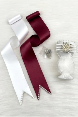 Takı Kurdele Seti, Beyaz Broşlu İğnelik, Bordo Beyaz İncili Gelin Damat Takı Kemeri, 100 Adet İğne, Düğün Kına Gecesi Nişan Nikah Söz Sünnet