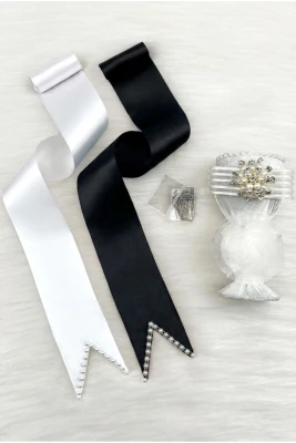 Takı Kurdele Seti, Beyaz Broşlu İğnelik, Siyah Beyaz İncili Gelin Damat Takı Kemeri, 100 Adet İğne, Düğün Kına Gecesi Nişan Nikah Söz Sünnet