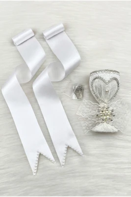 Takı Kurdele Seti, Beyaz Kalpli İğnelik, Beyaza Beyaz İncili Gelin Damat Takı Kemeri, 100 Adet İğne, Düğün Kına Gecesi Nişan Nikah Söz Sünnet