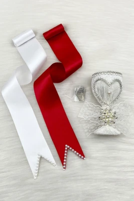Takı Kurdele Seti, Beyaz Kalpli İğnelik, Kırmızı Beyaz İncili Gelin Damat Takı Kemeri, 100 Adet İğne, Düğün Kına Gecesi Nişan Nikah Söz Sünnet