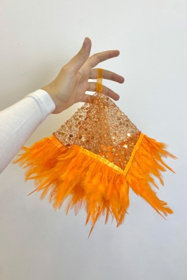 Turuncu Otantik Vip Gelin Mendili, Halay Arnavut Mendili Boncuk Inci Pul Ve Tüy Detaylı