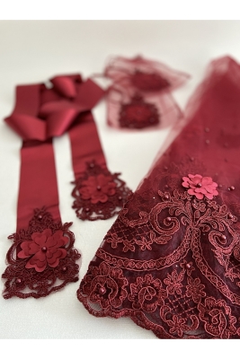 Üç Boyutlu 3d Sultan Güpürlü Inci Ve Çiçek Süslemeli Gelin Duvak Kuşak Eldiven Set Kına Gecesi Düğün