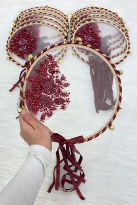 Vip Aplikli Gelin Tefi Bordo, Nedime Düğün Kına Gecesi Sünnet Bekarlığa Veda Bride Zilli 25cm 1 Adet