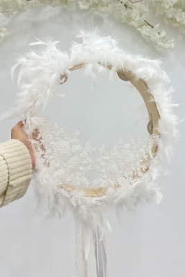 Vip Aplikli Tüylü Gelin Tefi Beyaz, Nedime Düğün Kına Gecesi Sünnet Bekarlığa Veda Bride 30cm 1 Adet