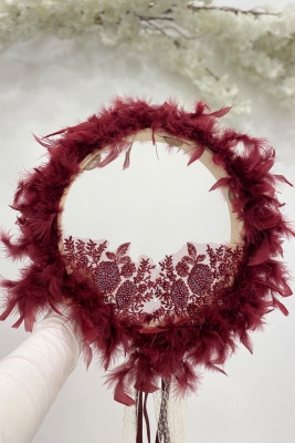 Vip Aplikli Tüylü Gelin Tefi Bordo, Nedime Düğün Kına Gecesi Sünnet Bekarlığa Veda Bride 30cm 1 Adet