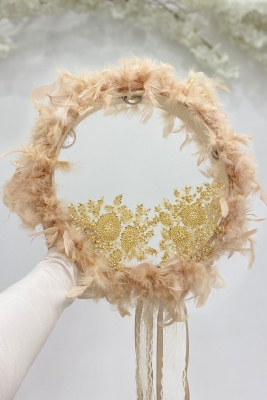 Vip Aplikli Tüylü Gelin Tefi Gold, Nedime Düğün Kına Gecesi Sünnet Bekarlığa Veda Bride 30cm 1 Adet