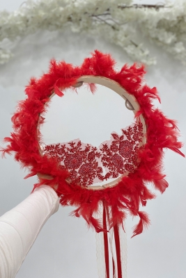 Vip Aplikli Tüylü Gelin Tefi Kırmızı Nedime Düğün Kına Gecesi Sünnet Bekarlığa Veda Bride 30cm 1Adet