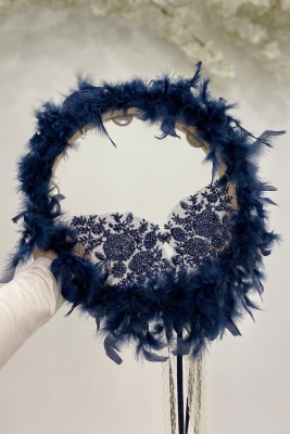 Vip Aplikli Tüylü Gelin Tefi Lacivert, Nedime Düğün Kına Sünnet Bekarlığa Veda Bride 30cm 1 Adet