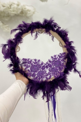 Vip Aplikli Tüylü Gelin Tefi Mor, Nedime Düğün Kına Gecesi Sünnet Bekarlığa Veda Bride 30cm 1 Adet