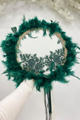 Vip Aplikli Tüylü Gelin Tefi Yeşil, Nedime Düğün Kına Gecesi Sünnet Bekarlığa Veda Bride 30cm 1 Adet