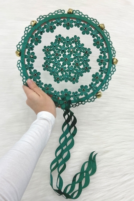 Yeşil Çiçekli Parlak Taşlı Gelin Tefi, Düğün Kına Söz Sünnet Bekarlığa Veda Bride Zilli 25cm, 1 Adet