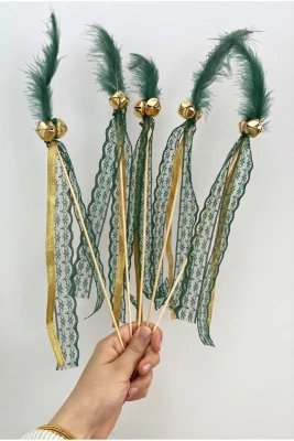 Yeşil Çubuk Nedime Zili Tüylü, Düğün, Kına Gecesi; Sünnet, Bride, Tüy Kurdele Süslemeli 10 Adet