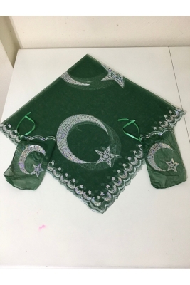 Yeşil Damat Sağdıç Kına Omuz Örtüsü Şalı Eldivenli Pullu Ayyıldız Motifli