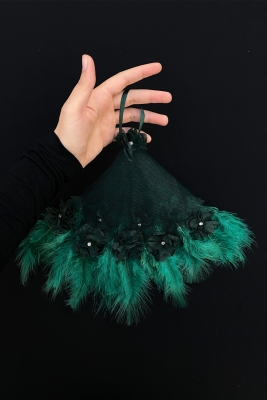 Yeşil Gelin Damat Halay Mendili, Üç Boyutlu Çiçek Ve Tüy Süslemeli, Düğün Kına Nişan Sünnet Söz