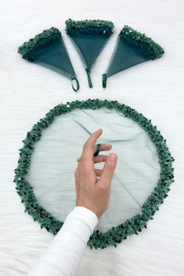 Yeşil Gelin Damat Mendili, Halay El Mendili, Pullu Boncuklu Yaprak Desenli, Düğün Kına Sünnet Nişan