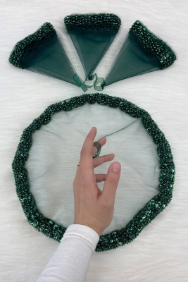 Yeşil Gelin Damat Mendili, İnci, Pul Ve Cam Boncuk İşlemeli, Düğün Kına Sünnet Söz Nişan Halay