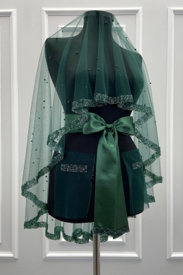 Yeşil Gelin Duvak Seti, Cam Boncuk Ve İncili, Kına Gecesi Duvağı Yüz Örtüsü Seti 6 Parça