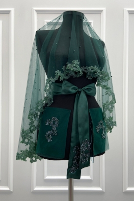 Yeşil Gelin Duvak Seti, Cam Boncuk Ve İncili, Kına Gecesi Duvağı Yüz Örtüsü Seti 6 Parça