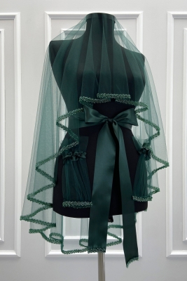 Yeşil Gelin Duvak Seti, Cam Boncuk ve İnci İşlemeli, Kına Gecesi Duvağı Seti 6 Parça