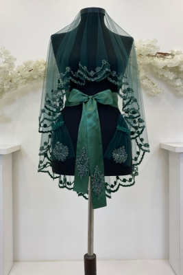 Yeşil Gelin Duvak Seti, Cam Boncuk ve Pul Basklı Kına Duvağı Seti 6 Parça