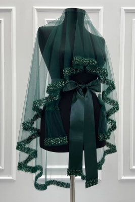 Yeşil Gelin Duvak Seti, İnci, Pul Ve Cam Boncuk İşlemeli, Kına Gecesi Duvağı Seti 6 Parça