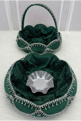 Yeşil Gelin Kına Gecesi Tepsi Sepet Takımı, Gümüş Parlak Taş Süslemeli, Nişan, Nikah, Düğün, Söz
