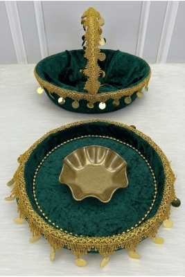 Yeşil Gelin Kına Gecesi Tepsi Ve Sepeti, Gold Pullu Ve Güpürlü Kadife, Düğün, Sünnet, Nişan, Söz